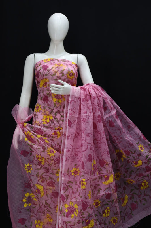 Pink Base Cluster Yellow Flower Printed Kota Doria Suit
