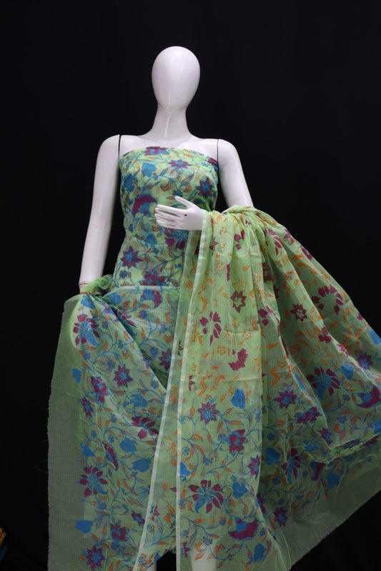 Green Base Cluster Flower Printed Kota Doria Suit