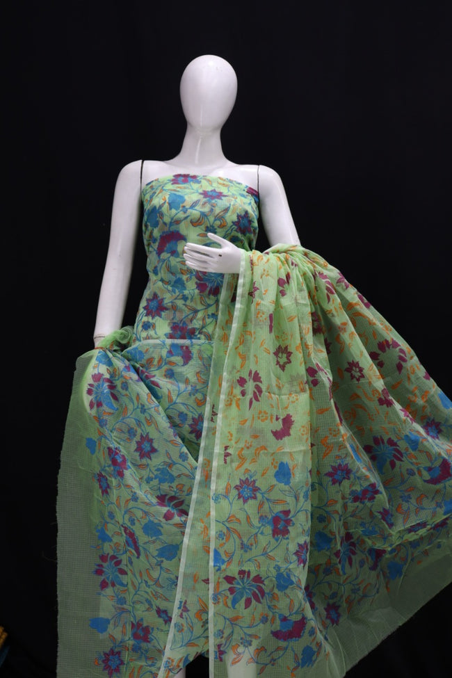 Green Base Cluster Flower Printed Kota Doria Suit