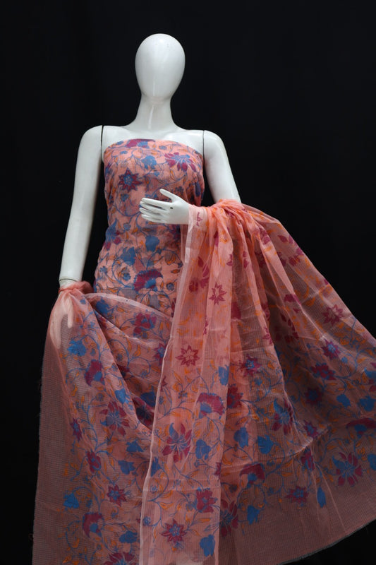 Peach Base Cluster Flower Printed Kota Doria Suit