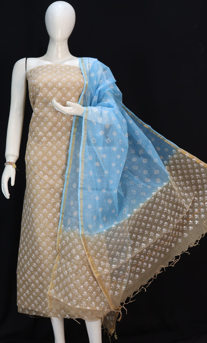 Peach Kota Doria Cotton Hand Pented Dress Material With Bottom. main image 1