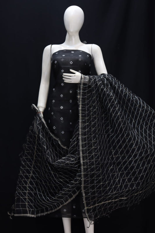 Black Dyed Pure Kota Doria Cotton Un-Stitched Suit With Dupatta