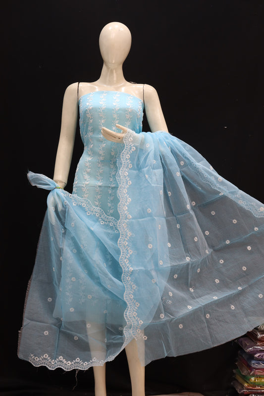 Blue Base White Bell Chikankari Embroidery Kota Doria Dress Material
