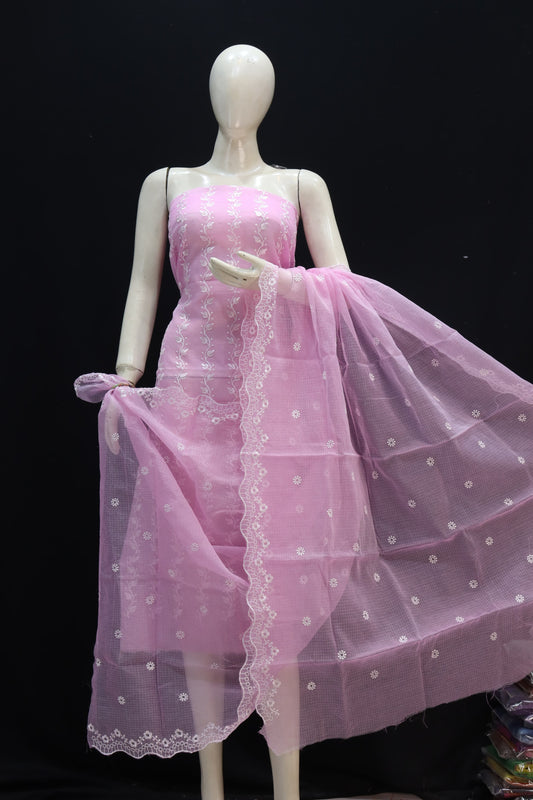 Pastel Base White Bell Chikankari Embroidery Kota Doria Dress Material