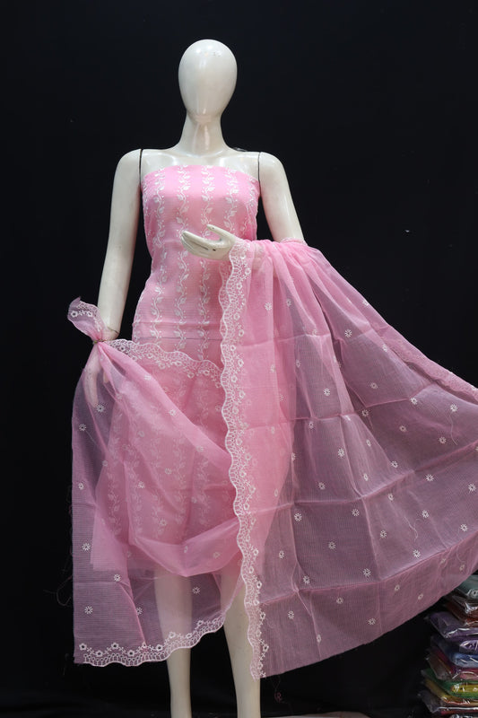 Pink Base White Bell Chikankari Embroidery Kota Doria Dress Material