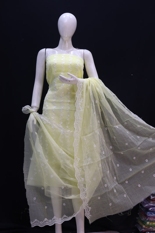 Yellow Pastel Base White Bell Chikankari Embroidery Kota Doria Dress Material
