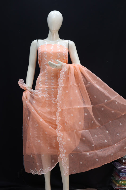 Peach Base White Bell Chikankari Embroidery Kota Doria Dress Material