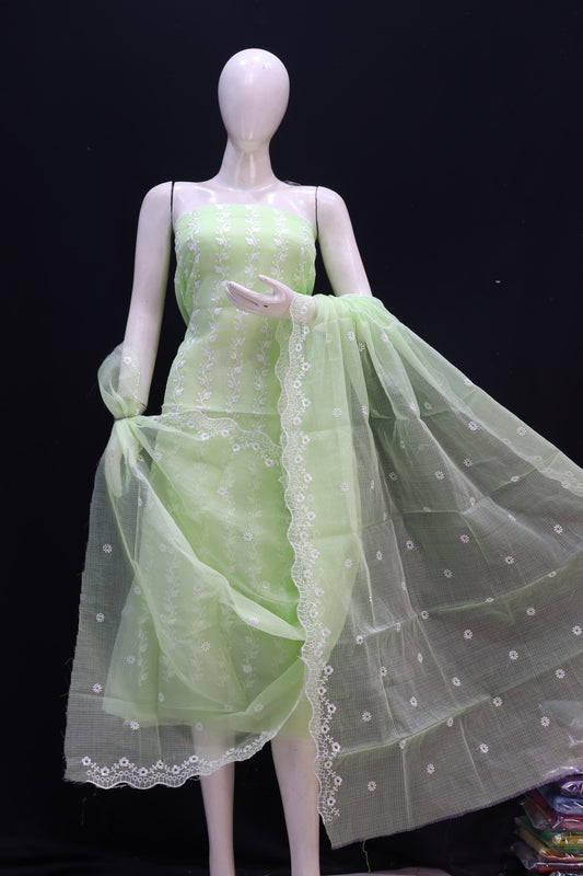 Green Pastel Base White Bell Chikankari Embroidery Kota Doria Dress Material