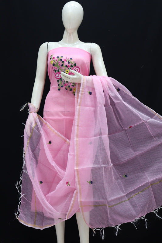 Pink Base Multi Floral Cotton Kota Doria Embroidery Dress Materials