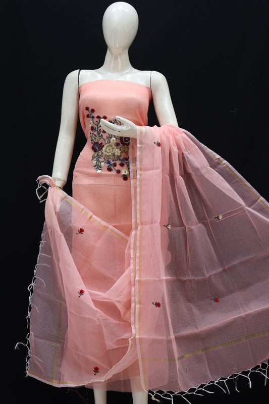 Peach Base Multi Floral Cotton Kota Doria Embroidery Dress Materials