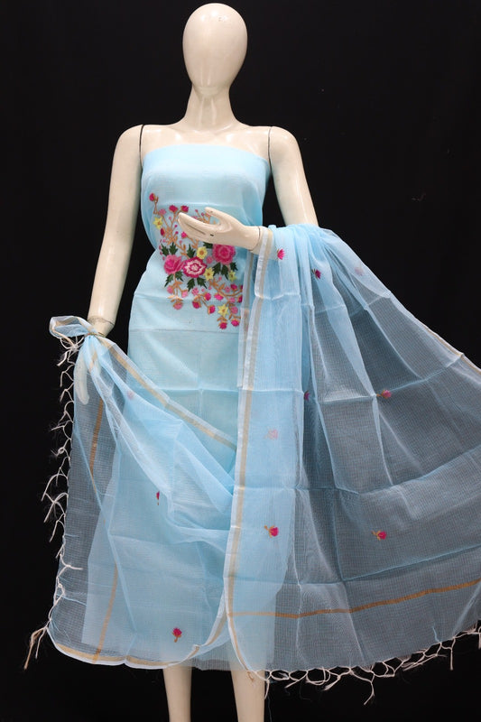 Sky Blue Base Multi Floral Cotton Kota Doria Embroidery Dress Materials