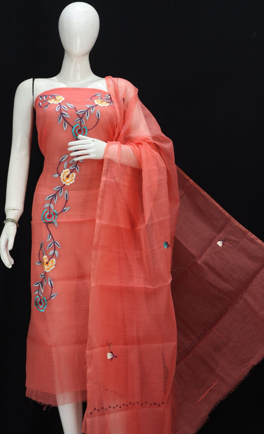 Multi Color Floral Cotton Kota Doria Embroidery Dress Materials