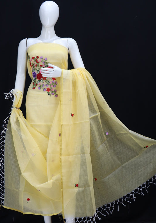 Yellow Base Multi Floral Cotton Kota Doria Embroidery Dress Materials
