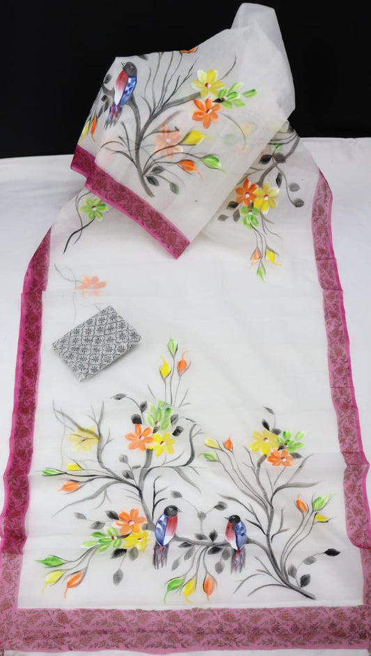 Hand Painted Cotton Saree With Running Blouse