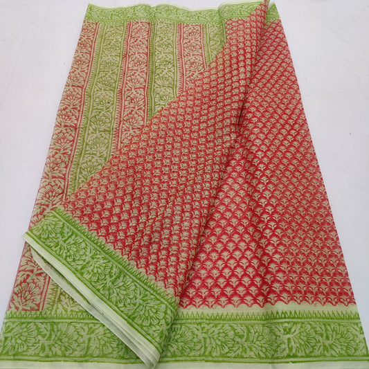 Red Kota Doria Block Printed Cotton Saree With Blouse