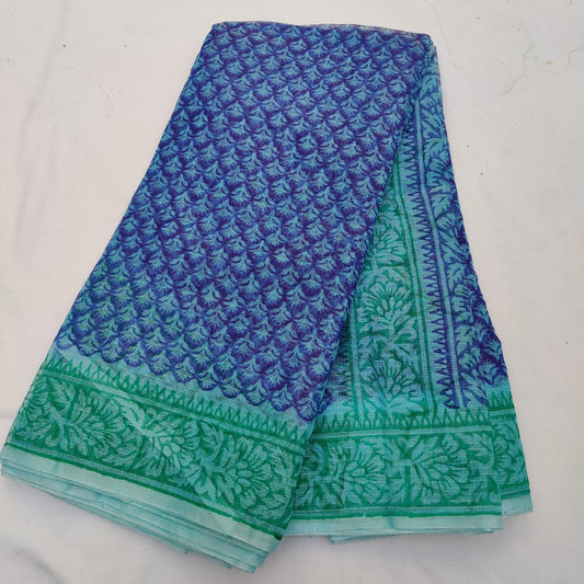 Blue Kota Doria Block Printed Cotton Saree With Blouse