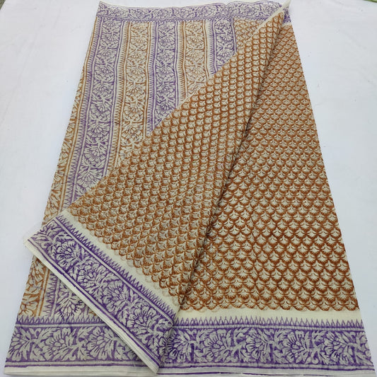 Brown Kota Doria Block Printed Cotton Saree With Blouse