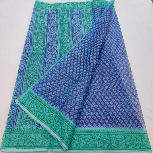 Blue Kota Doria Block Printed Cotton Saree With Blouse