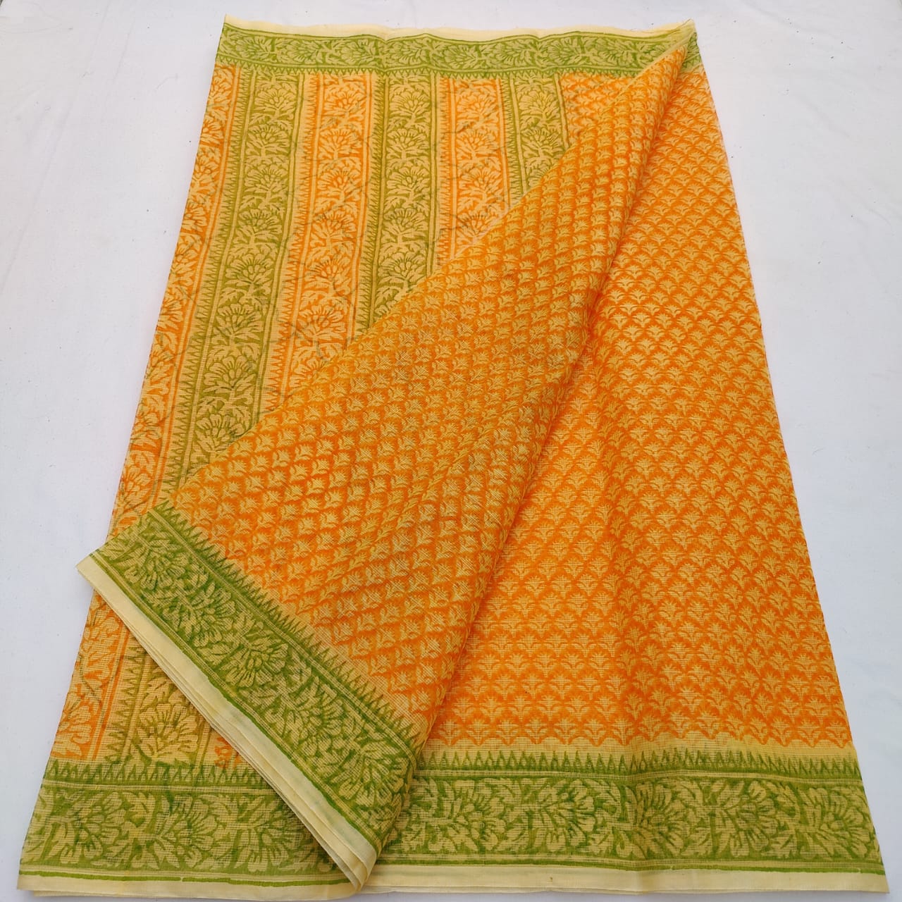 Kota Doria Block Printed Cotton Saree With Blouse