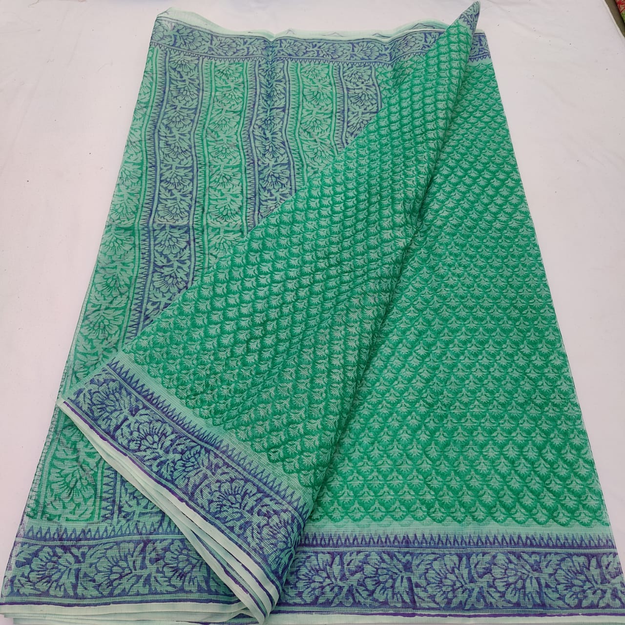 Green Kota Doria Block Printed Cotton Saree With Blouse