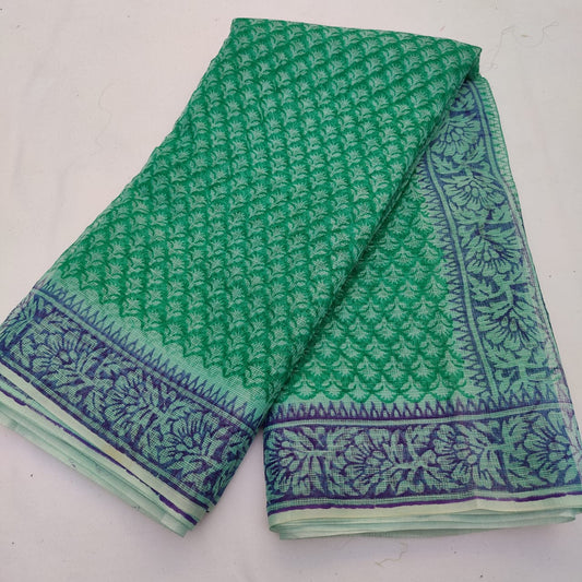 Green Kota Doria Block Printed Cotton Saree With Blouse