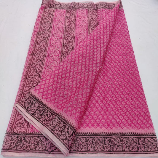 Pink Kota Doria Block Printed Cotton Saree With Blouse