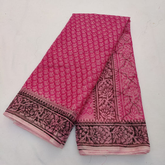 Pink Kota Doria Block Printed Cotton Saree With Blouse