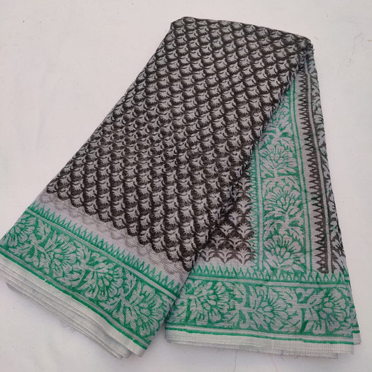 Black Kota Doria Block Printed Cotton Saree With Blouse