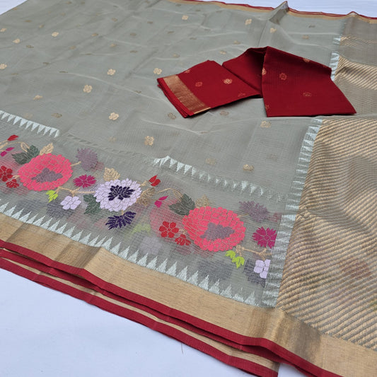 Pure Zari Kota Doria Handloom Saree