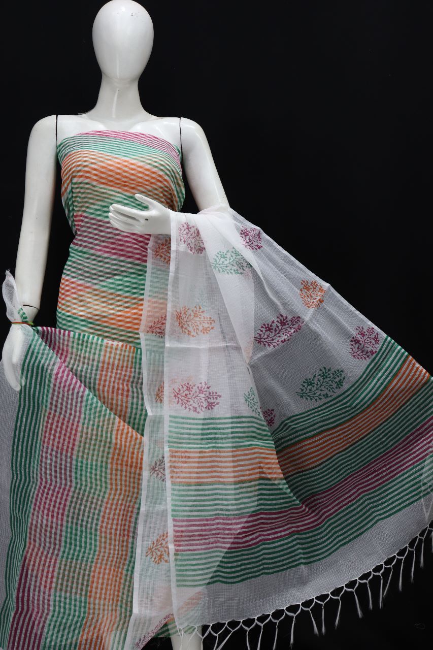 Leheriya Designer Suit Printed in Cotton Kota Doria With Dupatta