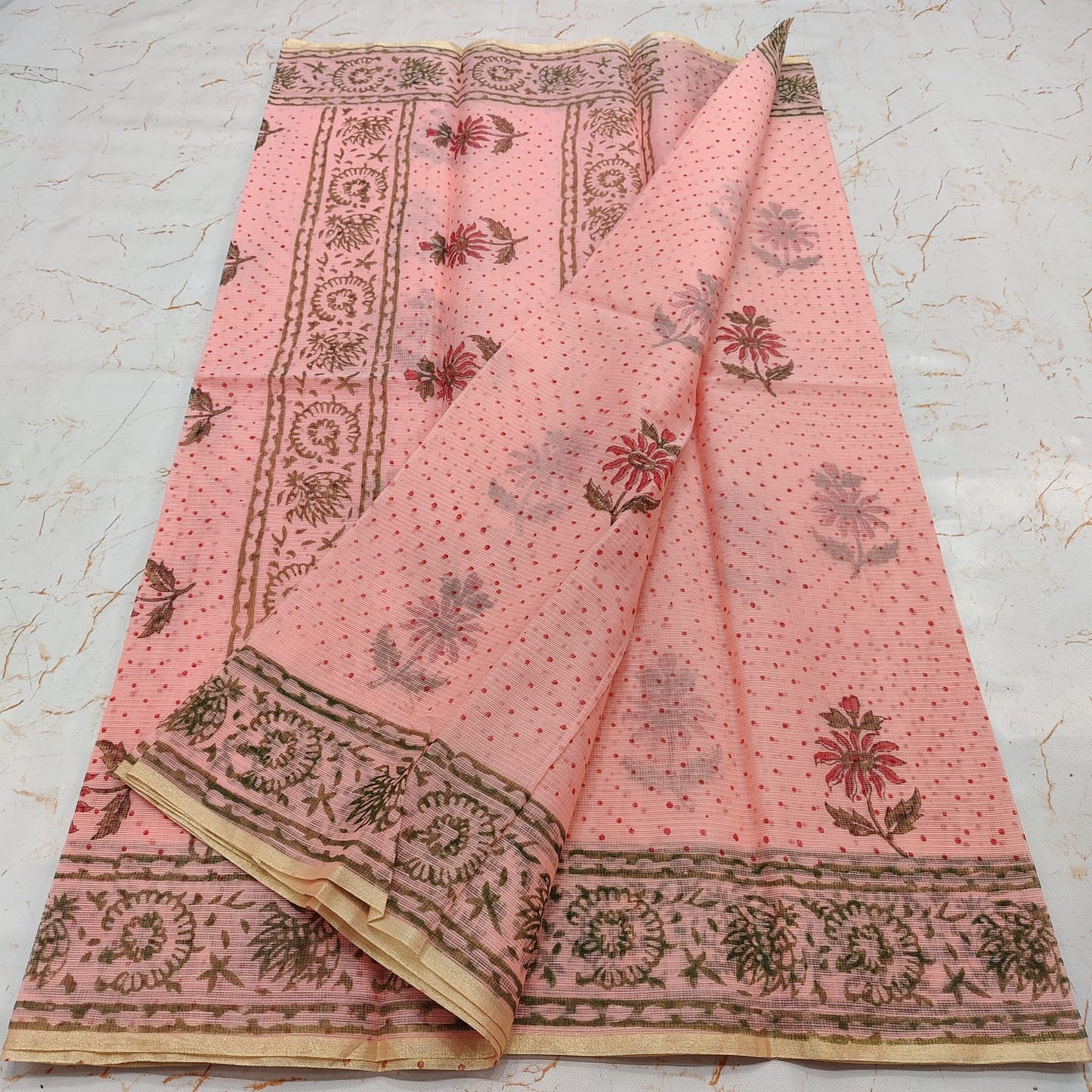 Kota Doria  Block Printed Cotton Saree With Blouse