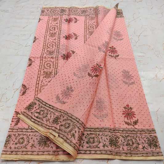 Kota Doria Block Printed Cotton Saree With Blouse