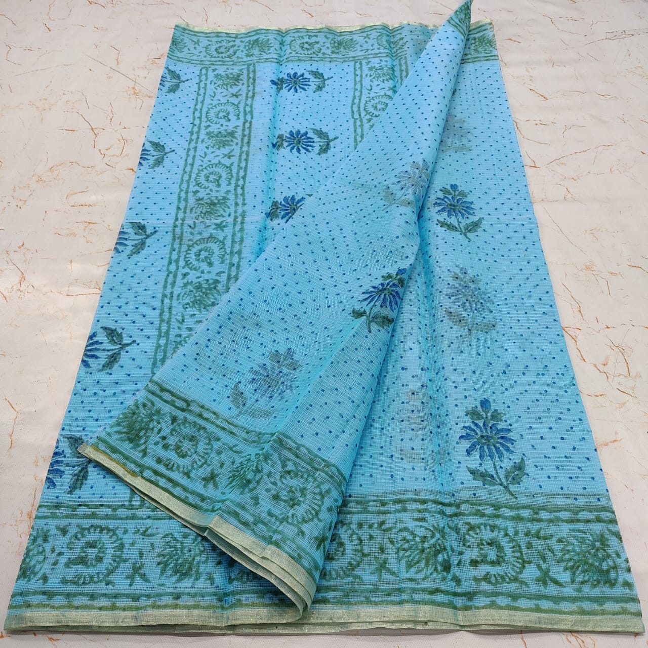 Kota Doria  Block Printed Cotton Saree With Blouse