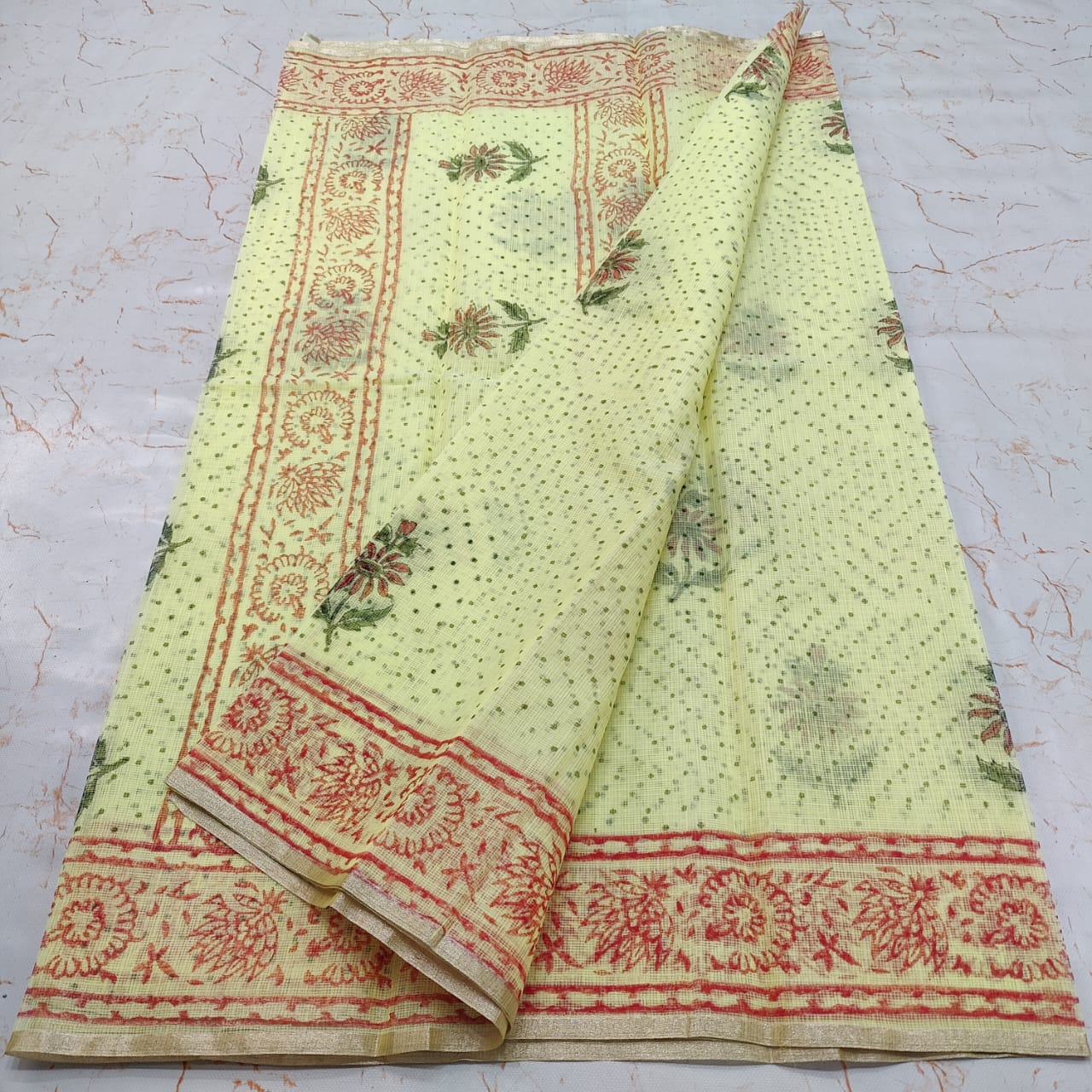 Kota Doria  Block Printed Cotton Saree With Blouse