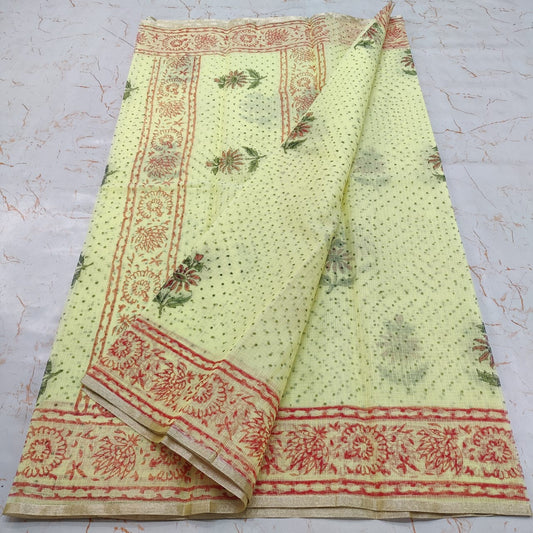 Kota Doria Block Printed Cotton Saree With Blouse