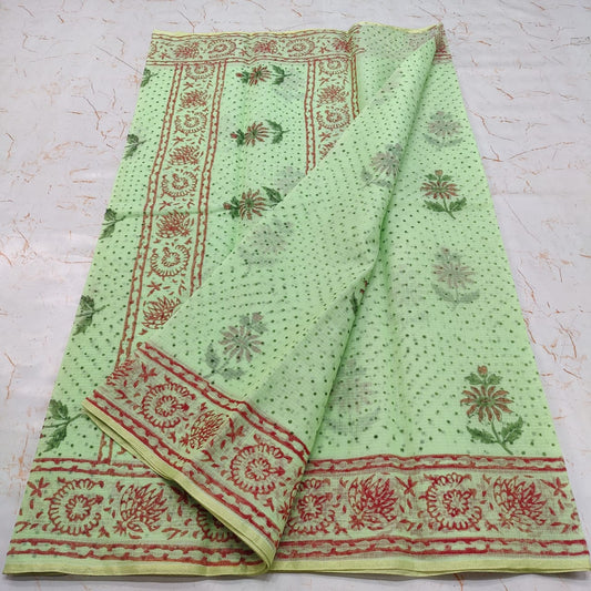 Kota Doria  Block Printed Cotton Saree With Blouse