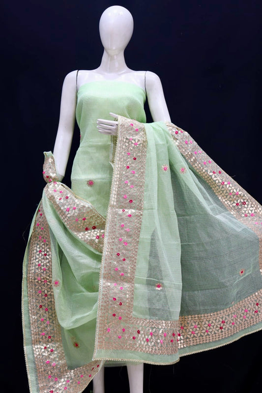 Green Kota Doria Gota Patti Work Dress Material