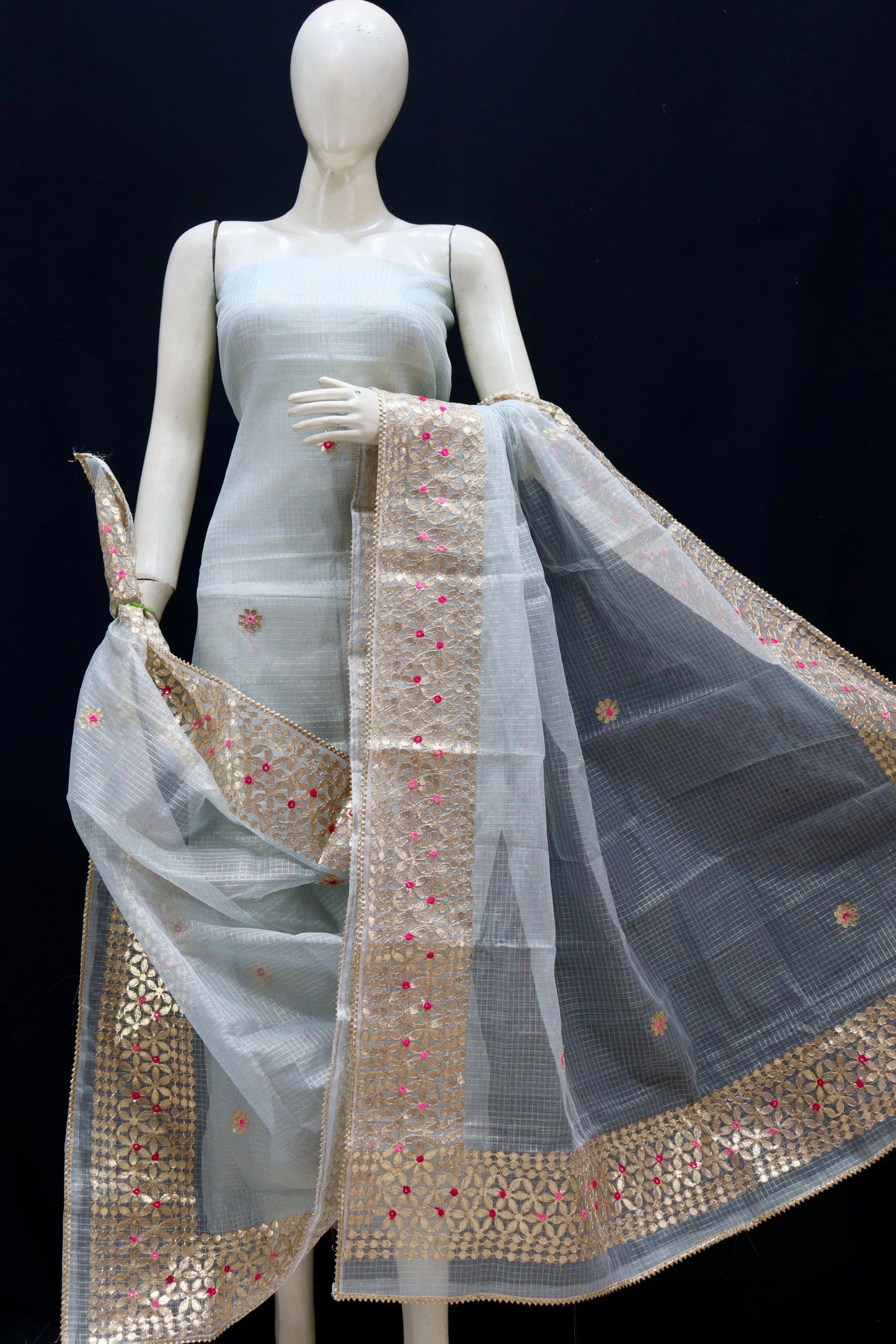 Grey Kotadoria Gota Patti Work Dress Material