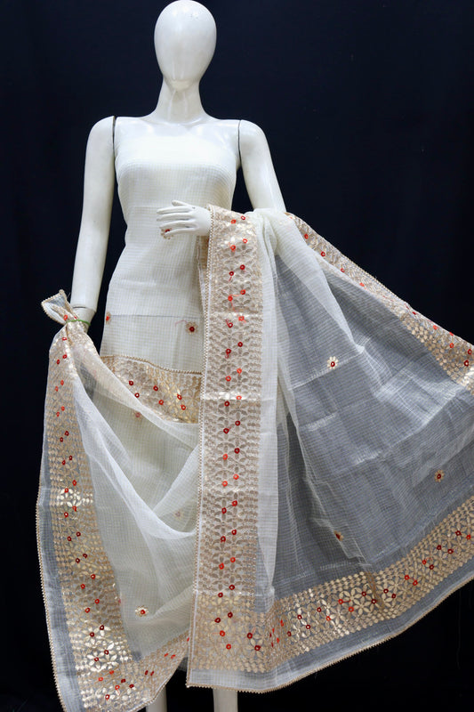 White Base Kota Doria Gota Patti Work Dress Material