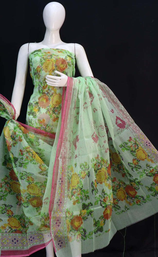 Fully Classic Light Green Base Unique Cluster Flower Printed Kota Doria Suit