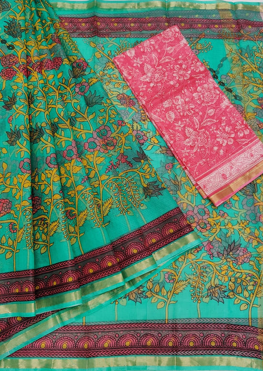 Claasic Light Green Base Pure Kota Doria Silk Saree With Beautiful Fully Cluster Floral Print