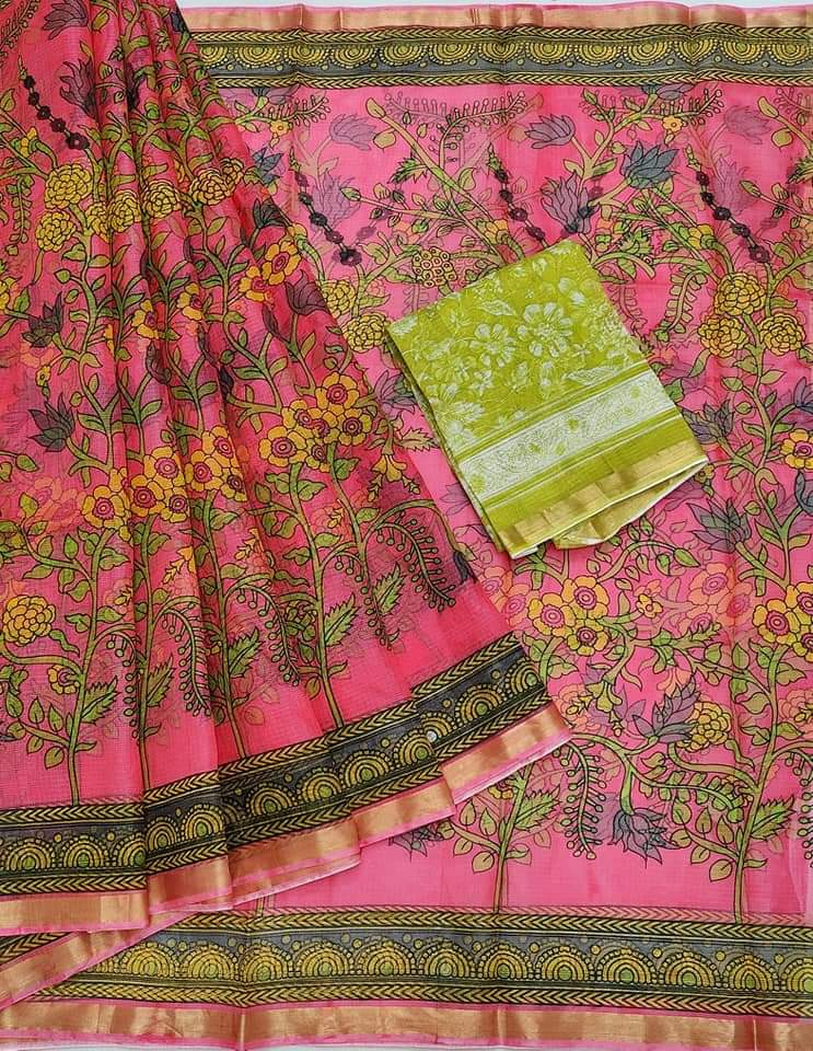 Pink Base Pure Kota Doria Silk Saree With Beautiful Fully Floral Print