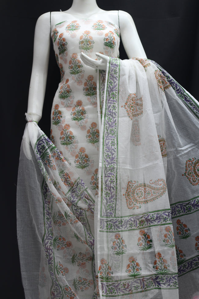 Traditional Kota Designer Handblock Printed Cotton Kota Doria un-stitched Suit With Dupatta