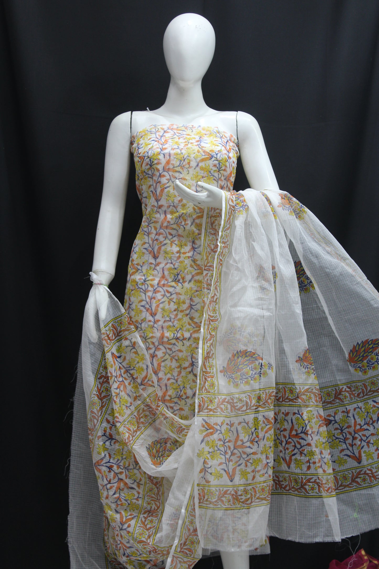White base with Colored Designer Mehndi  Handblock Printed Cotton Kota Doria un-stitched Suit With Dupatta