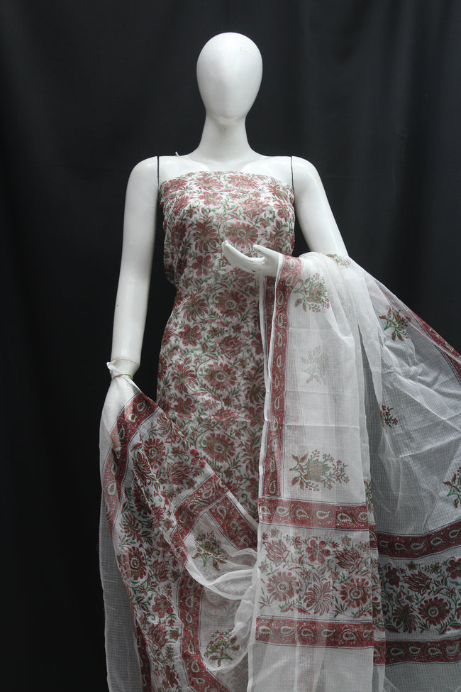Royal Designer Handblock Printed Cotton Kota Doria un-stitched Suit With Dupatta