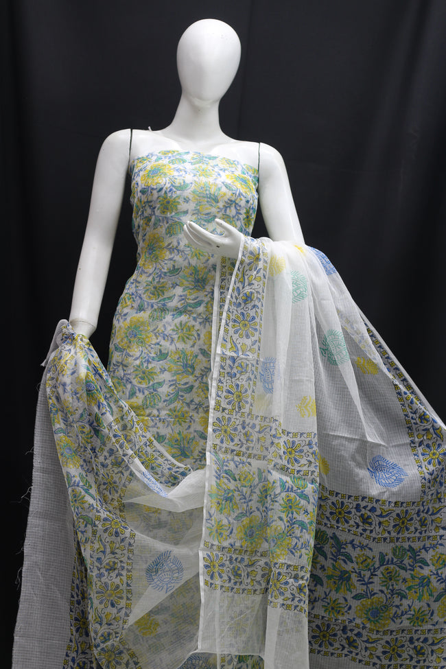 Green Blue Floral Designer Handblock Printed Cotton Kota Doria un-stitched Suit With Dupatta