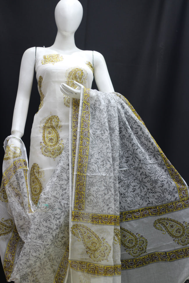 Royal Golden Mehndi Designer Handblock Printed Cotton Kota Doria un-stitched Suit With Dupatta