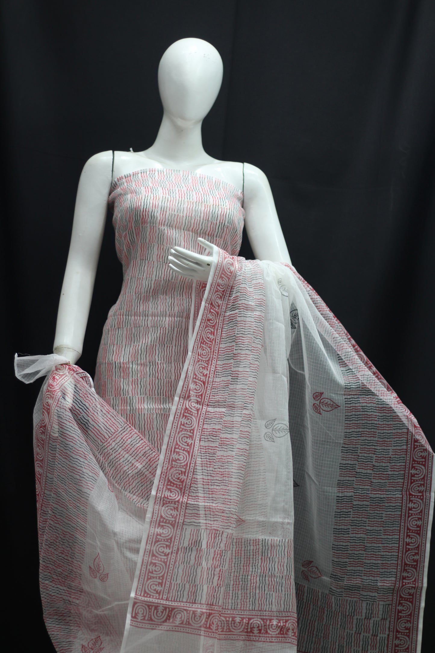 Striped Designer Handblock Printed Cotton Kota Doria un-stitched Suit With Dupatta