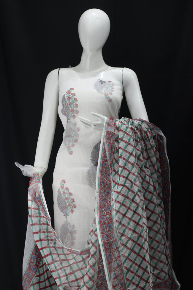 Mehndi Handblock Printed Cotton Kota Doria un-stitched Suit With Dupatta