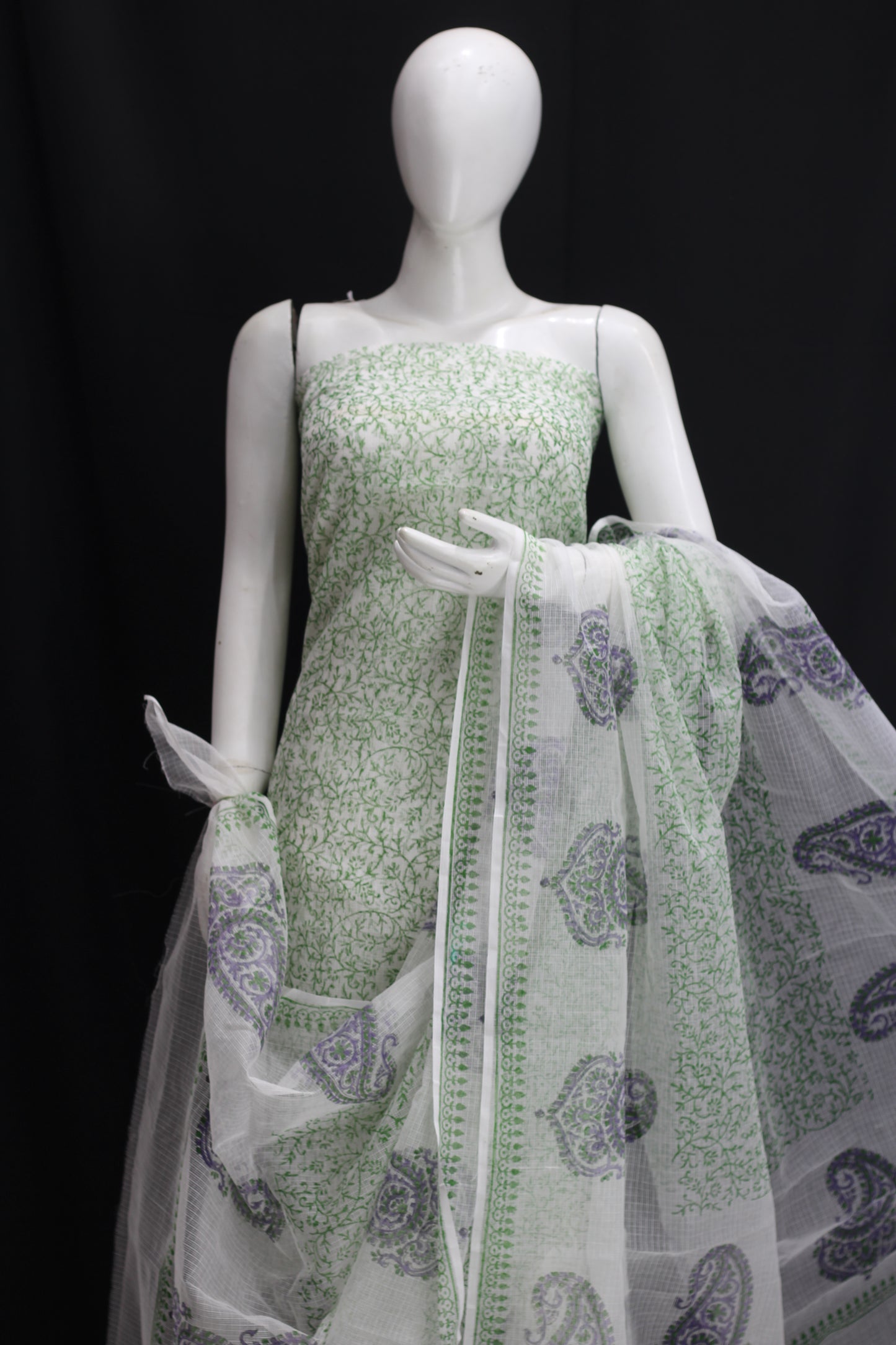 Royal Green Floral  Handblock Printed Cotton Kota Doria un-stitched Suit With Dupatta